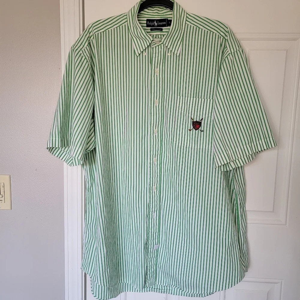 Ralph Lauren Polo Green White Striped Short Sleeve Button Down Golf Crest L